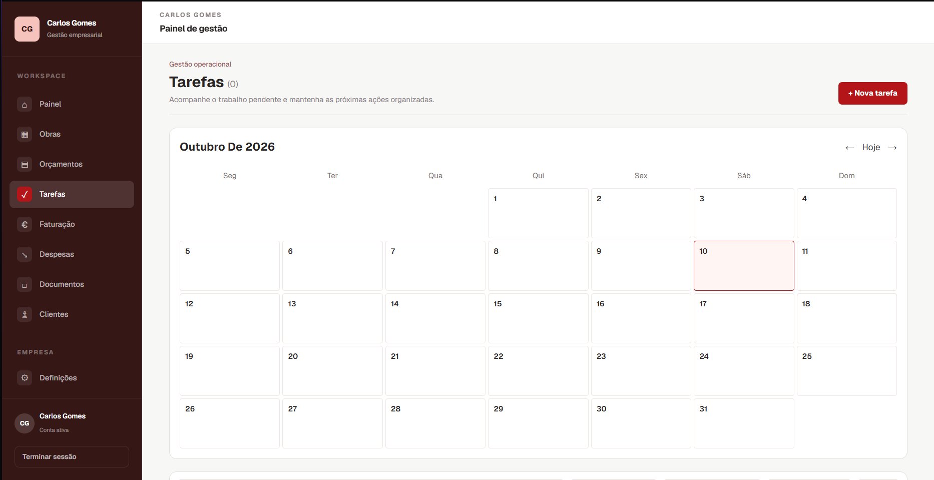 Calendário de tarefas mensal